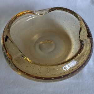 Controlled Bubble Blown Art Glass Large Ashtray Candle Trinket Dish Topaz 7.25"